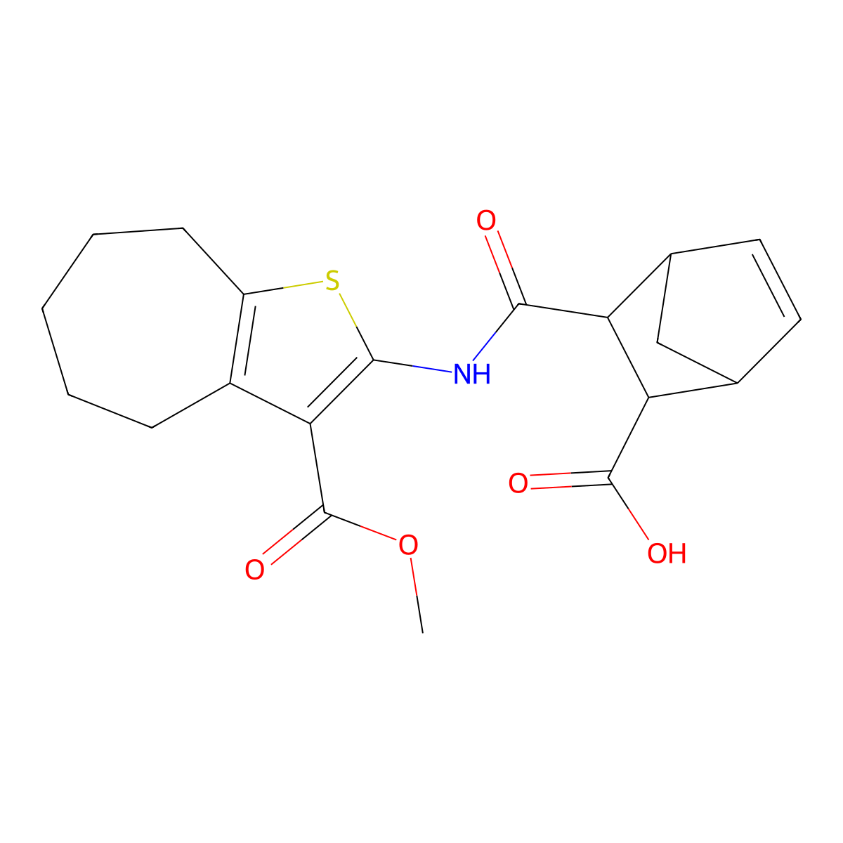 3-{[3-(methoxycarbonyl)-5,6,7,8-tetrahydro-4H-cyclohepta[b]thiophen-2-yl]carbamoyl}bicyclo[2.2.1]hept-5-ene-2-carboxylic acid molecular structure, CAS 470472-65-2