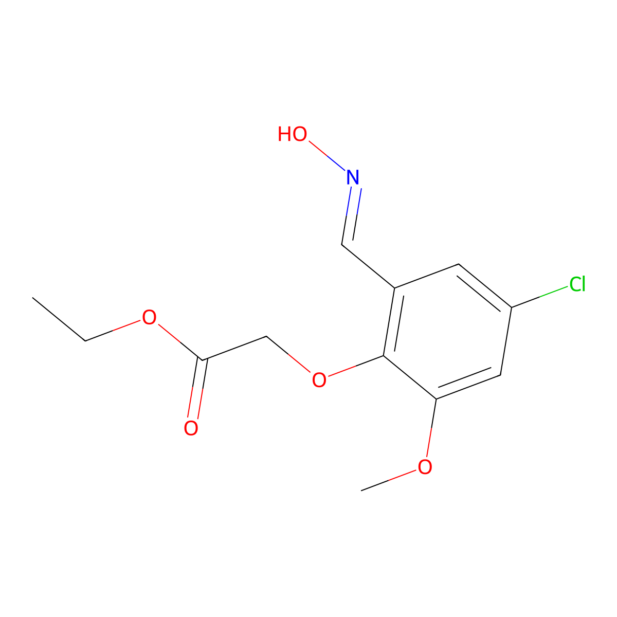 Ethyl 2-[4-chloro-2-(hydroxyiminomethyl)-6-methoxyphenoxy]acetate molecular structure, CAS 4706-29-0