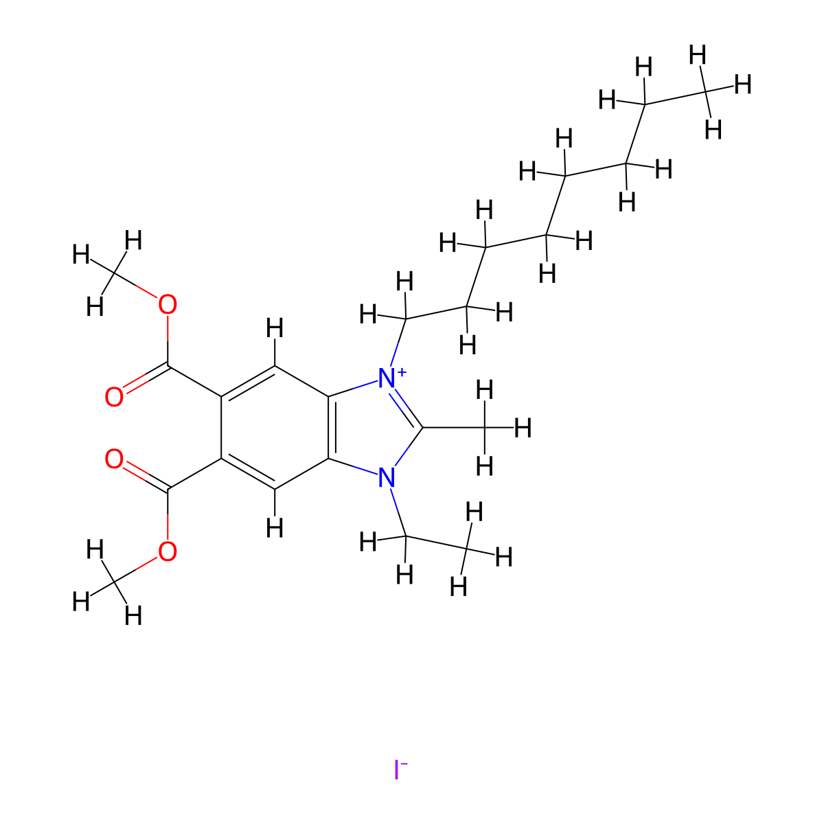 Dimethyl 1-ethyl-2-methyl-3-octylbenzimidazol-3-ium-5,6-dicarboxylate;iodide molecular structure, CAS 470687-41-3