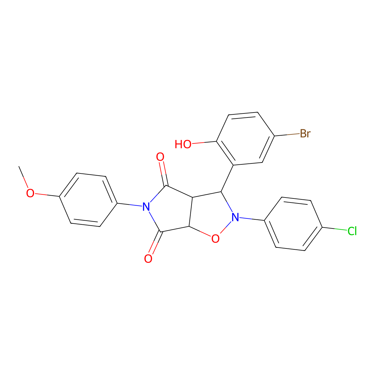 3-(5-bromo-2-hydroxyphenyl)-2-(4-chlorophenyl)-5-(4-methoxyphenyl)dihydro-2H-pyrrolo[3,4-d]isoxazole-4,6(5H,6aH)-dione molecular structure, CAS 470692-71-8