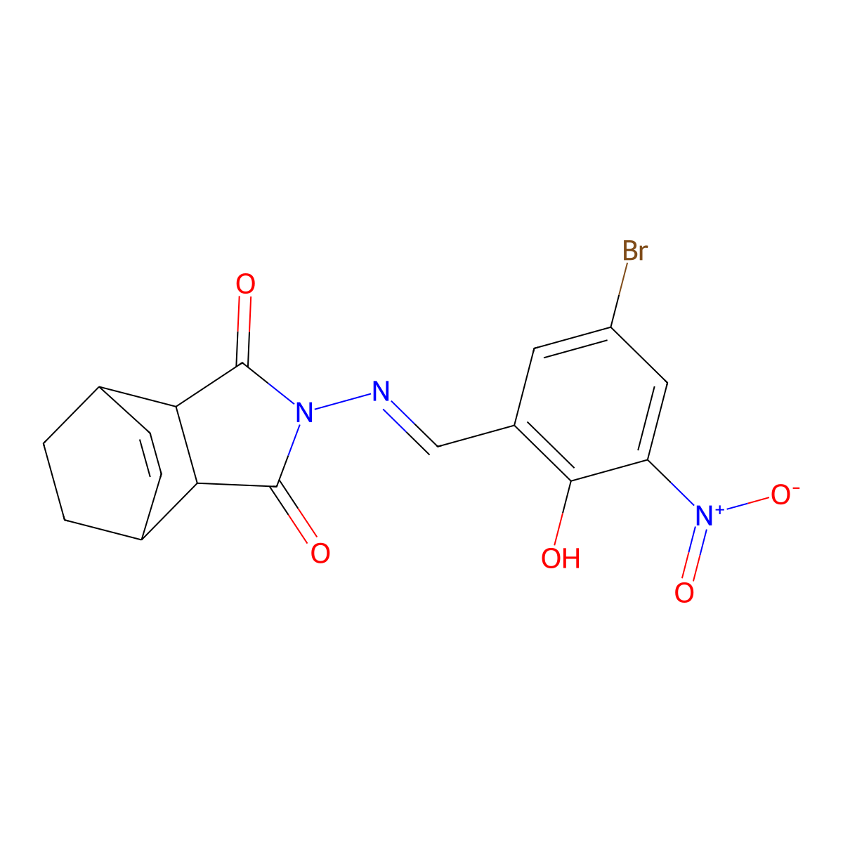 2-[[(5-Bromo-2-hydroxy-3-nitrophenyl)methylene]amino]-3a,4,7,7a-tetrahydro-4,7-ethano-1H-isoindole-1,3(2H)-dione molecular structure, CAS 470693-58-4