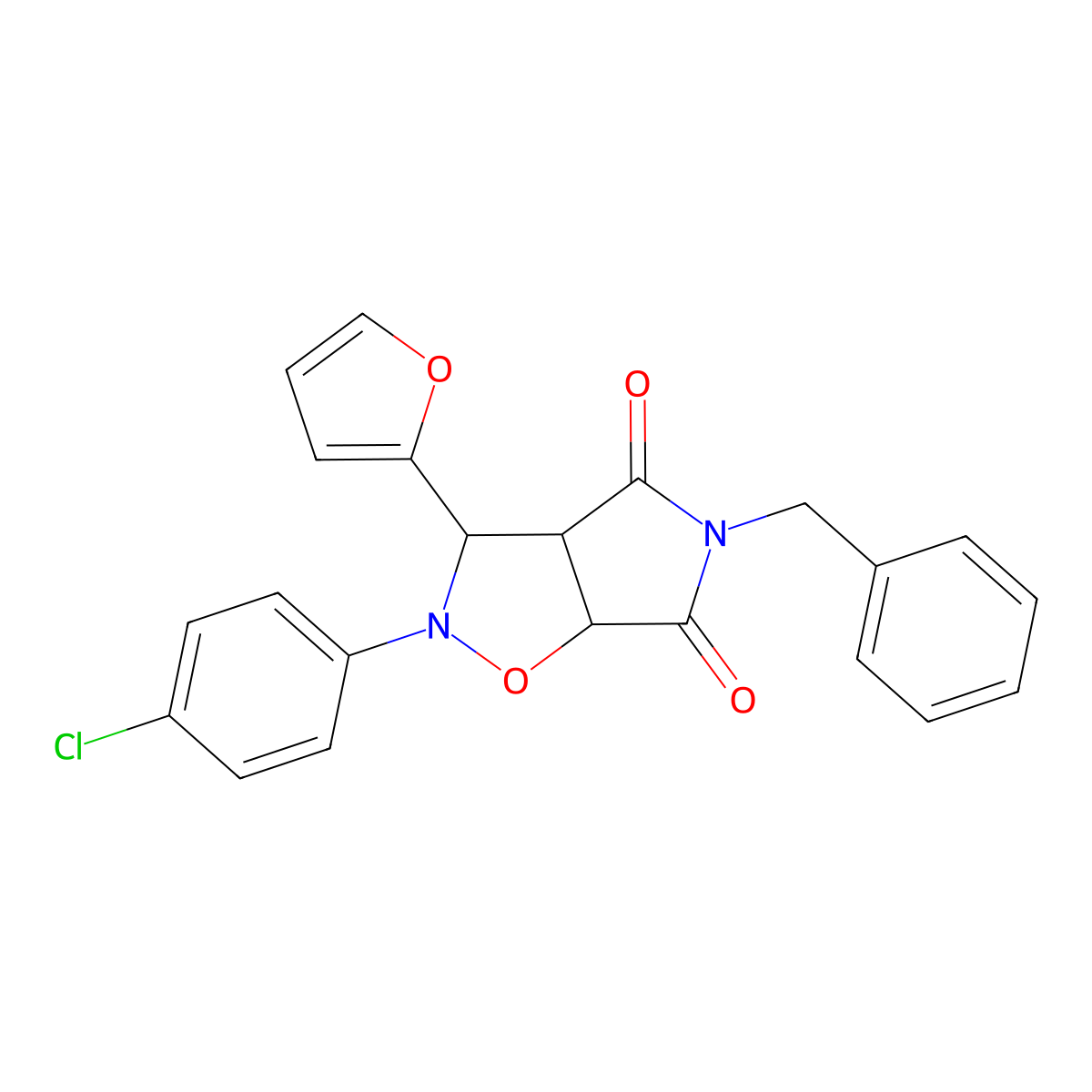 5-benzyl-2-(4-chlorophenyl)-3-(2-furyl)dihydro-2H-pyrrolo[3,4-d]isoxazole-4,6(3H,5H)-dione molecular structure, CAS 470695-10-4
