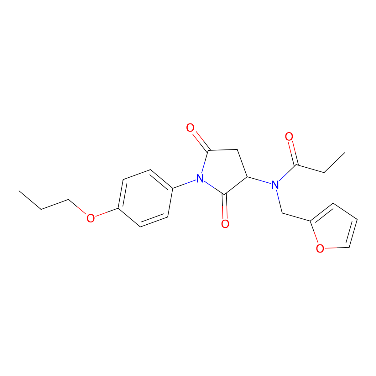 N-[2,5-dioxo-1-(4-propoxyphenyl)pyrrolidin-3-yl]-N-(furan-2-ylmethyl)propanamide molecular structure, CAS 470695-27-3