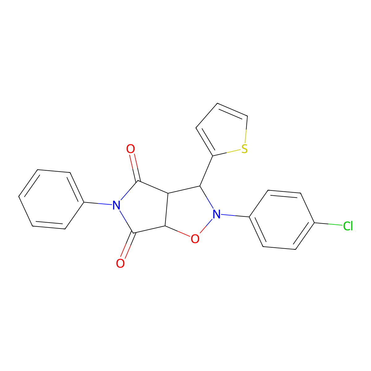 2-(4-chlorophenyl)-5-phenyl-3-(thiophen-2-yl)-hexahydro-2H-pyrrolo[3,4-d][1,2]oxazole-4,6-dione molecular structure, CAS 470695-35-3