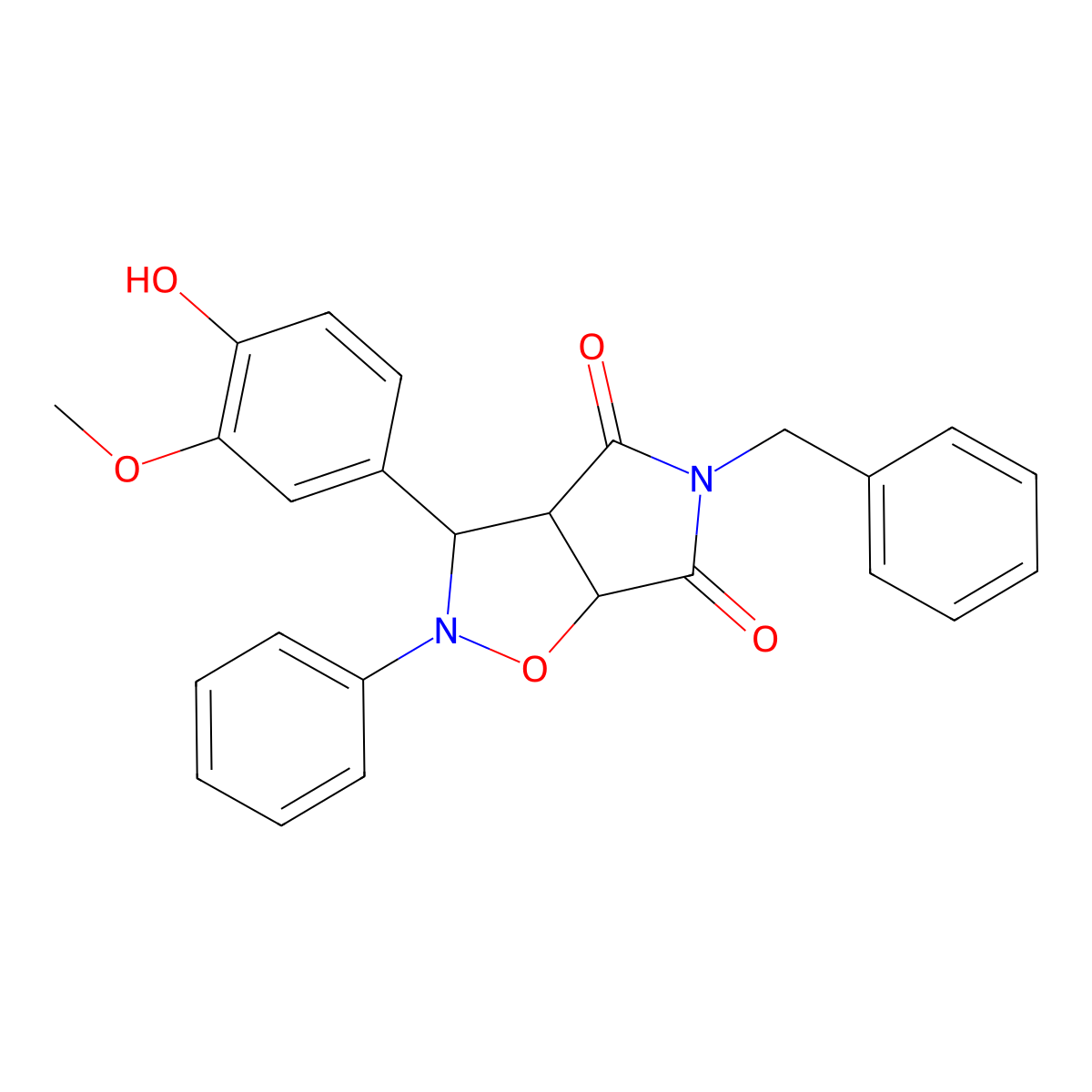 5-benzyl-3-(4-hydroxy-3-methoxyphenyl)-2-phenyl-3a,6a-dihydro-3H-pyrrolo[3,4-d][1,2]oxazole-4,6-dione molecular structure, CAS 470695-37-5