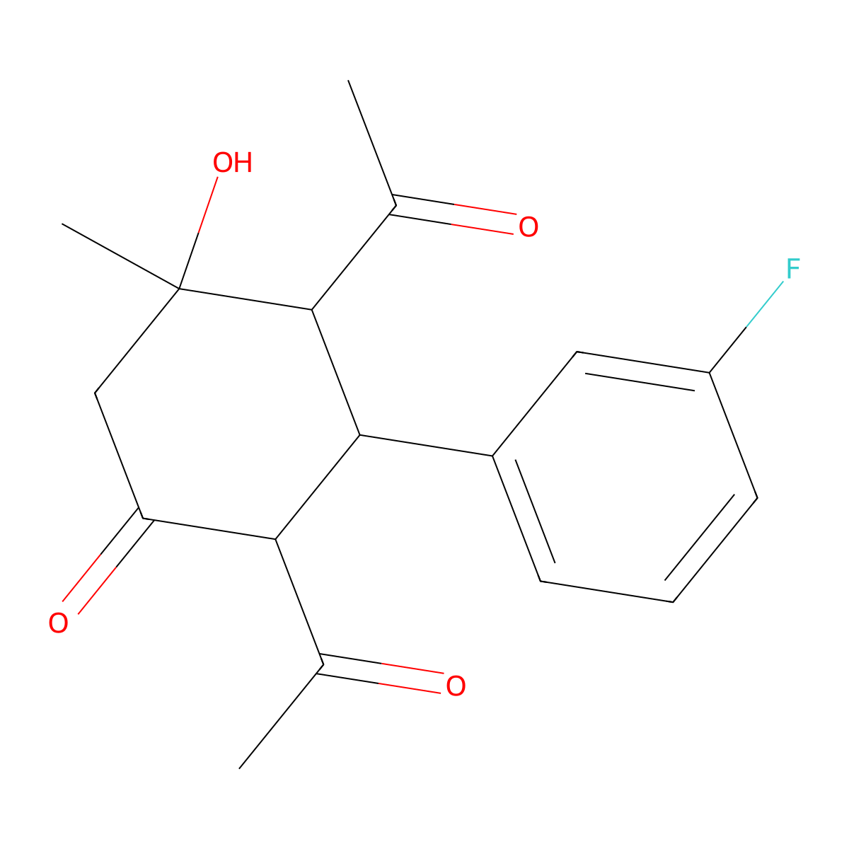 2,4-Diacetyl-3-(3-fluorophenyl)-5-hydroxy-5-methylcyclohexan-1-one molecular structure, CAS 471259-81-1