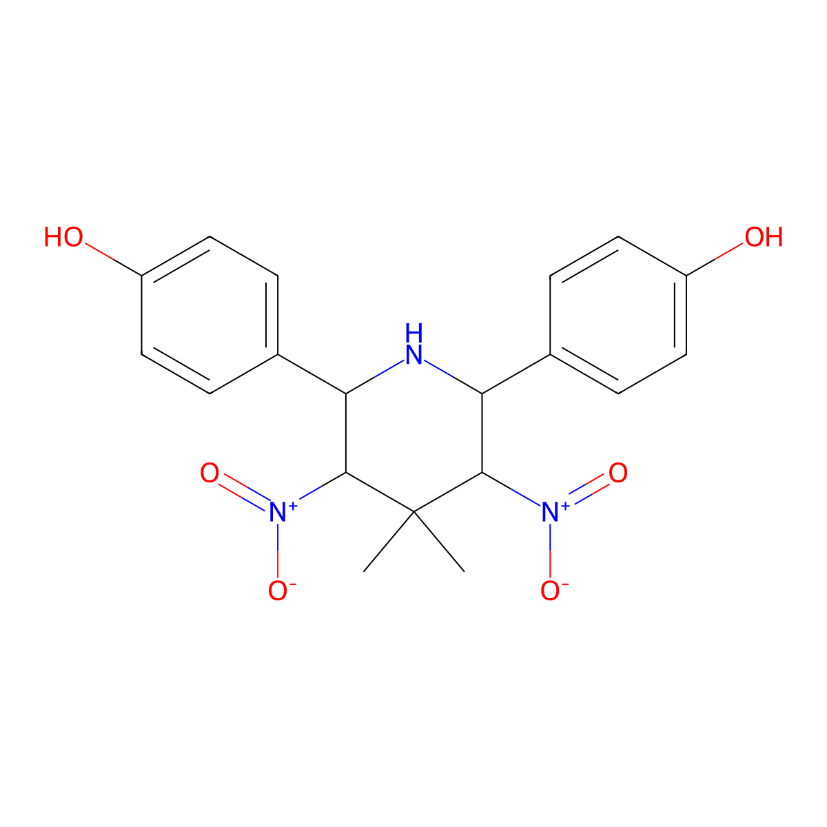 4-[6-(4-Hydroxyphenyl)-4,4-dimethyl-3,5-dinitropiperidin-2-yl]phenol molecular structure, CAS 471261-80-0