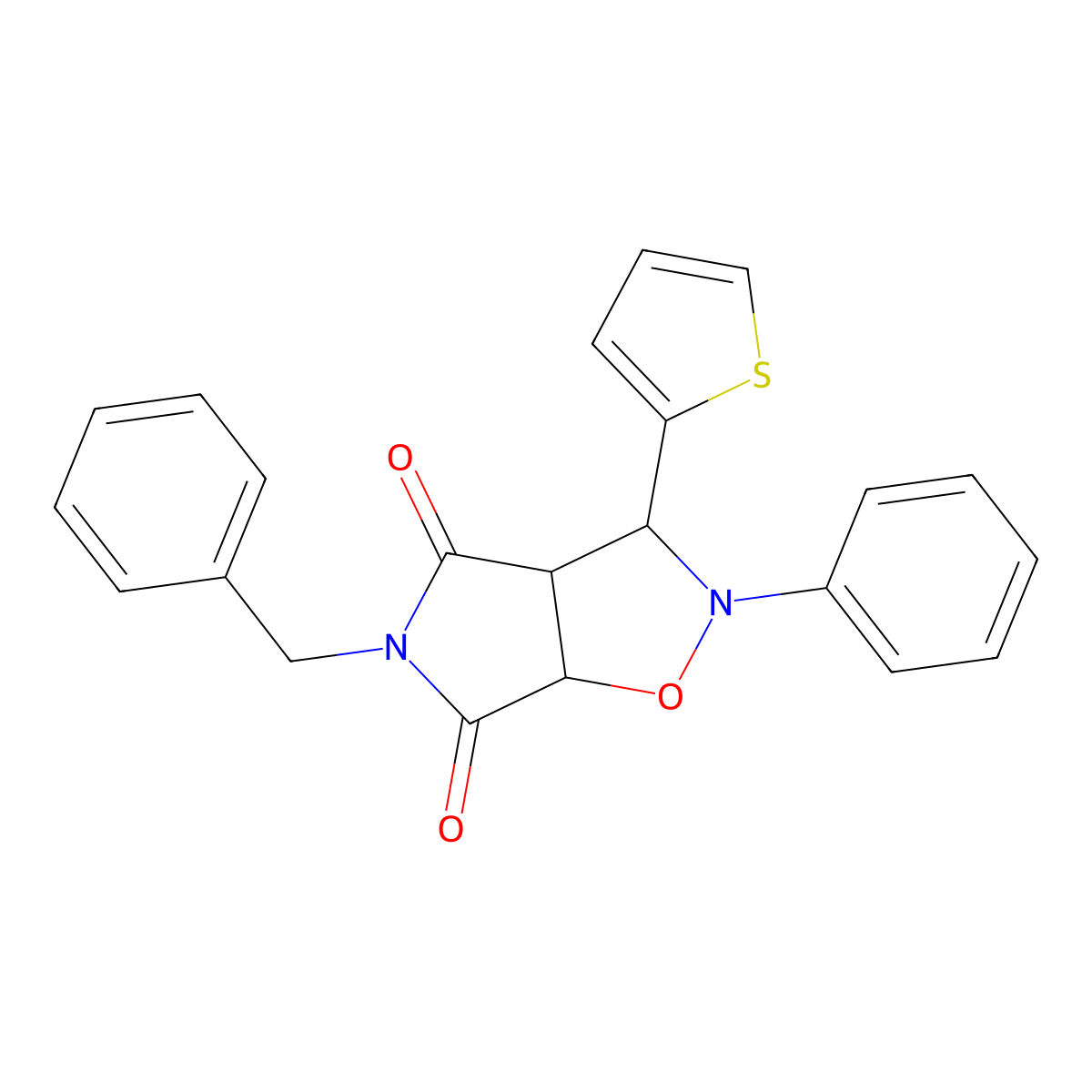 5-benzyl-2-phenyl-3-(thiophen-2-yl)dihydro-2H-pyrrolo[3,4-d]isoxazole-4,6(5H,6aH)-dione molecular structure, CAS 471262-34-7