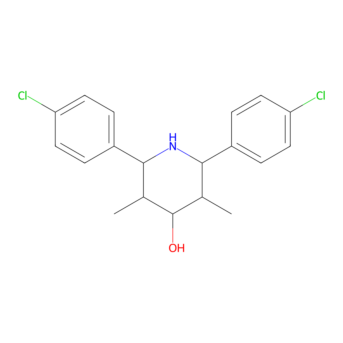 2,6-Bis(4-chlorophenyl)-3,5-dimethylpiperidin-4-ol molecular structure, CAS 472983-62-3