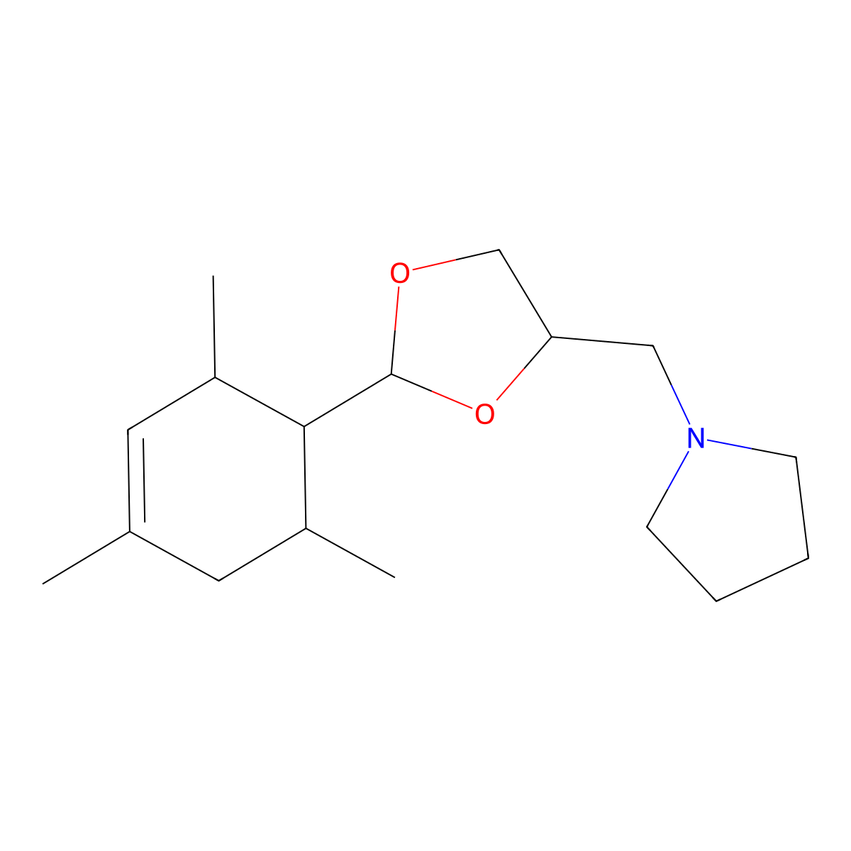 1-{[2-(2,4,6-Trimethylcyclohex-3-en-1-yl)-1,3-dioxolan-4-yl]methyl}pyrrolidine molecular structure, CAS 472984-01-3