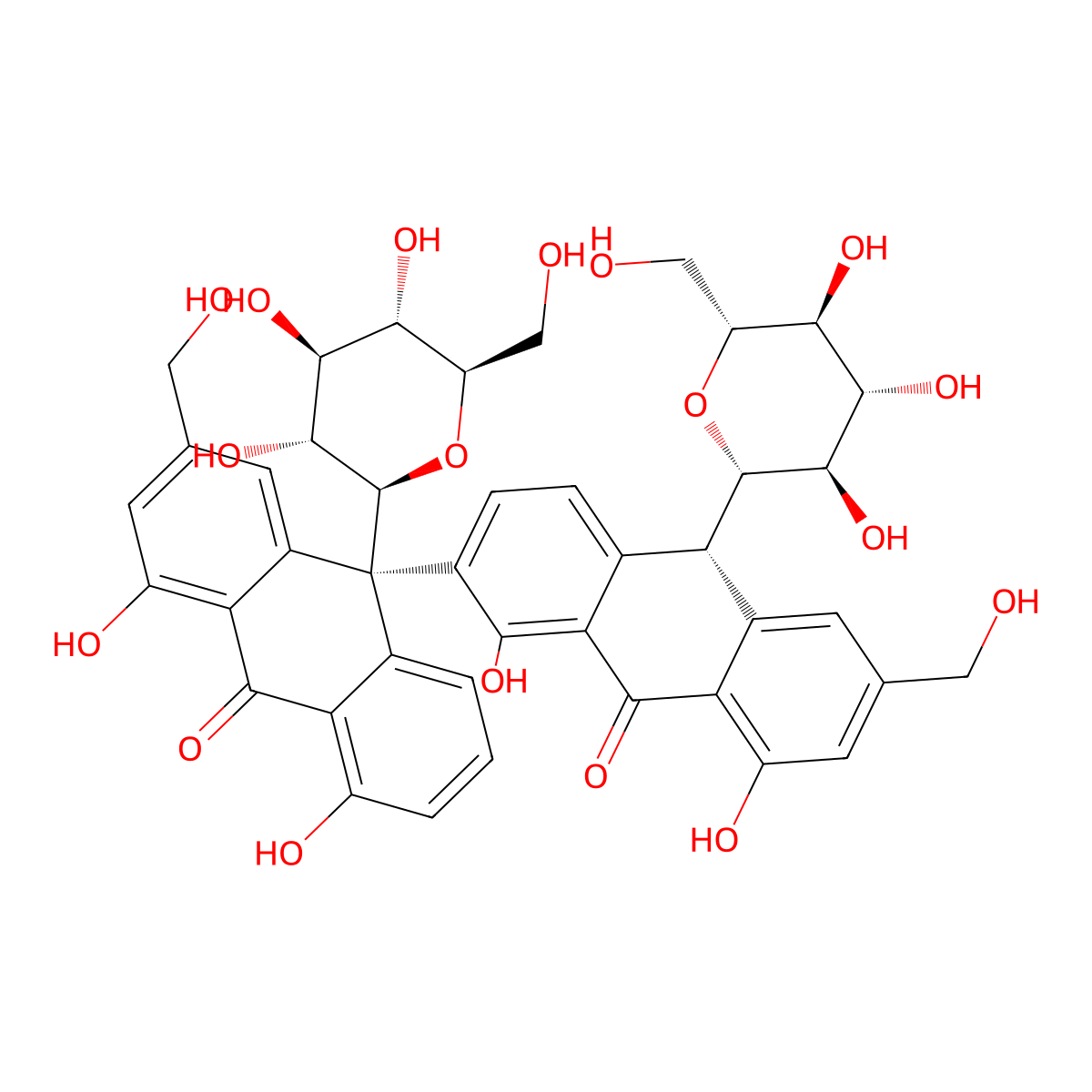 (10S)-10-[(10S)-1,8-dihydroxy-6-(hydroxymethyl)-9-oxo-10-[(2S,3R,4R,5S,6R)-3,4,5-trihydroxy-6-(hydroxymethyl)oxan-2-yl]-10H-anthracen-2-yl]-1,8-dihydroxy-3-(hydroxymethyl)-10-[(2S,3R,4R,5S,6R)-3,4,5-trihydroxy-6-(hydroxymethyl)oxan-2-yl]anthracen-9-one molecular structure, CAS 473225-21-7