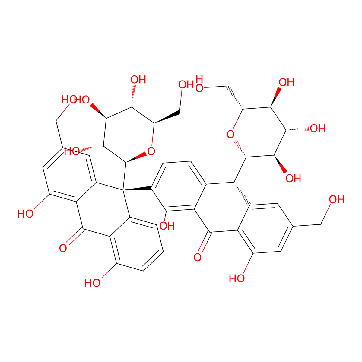 (10R)-10-[(10S)-1,8-dihydroxy-6-(hydroxymethyl)-9-oxo-10-[(2S,3R,4R,5S,6R)-3,4,5-trihydroxy-6-(hydroxymethyl)oxan-2-yl]-10H-anthracen-2-yl]-1,8-dihydroxy-3-(hydroxymethyl)-10-[(2S,3R,4R,5S,6R)-3,4,5-trihydroxy-6-(hydroxymethyl)oxan-2-yl]anthracen-9-one molecular structure, CAS 473225-22-8