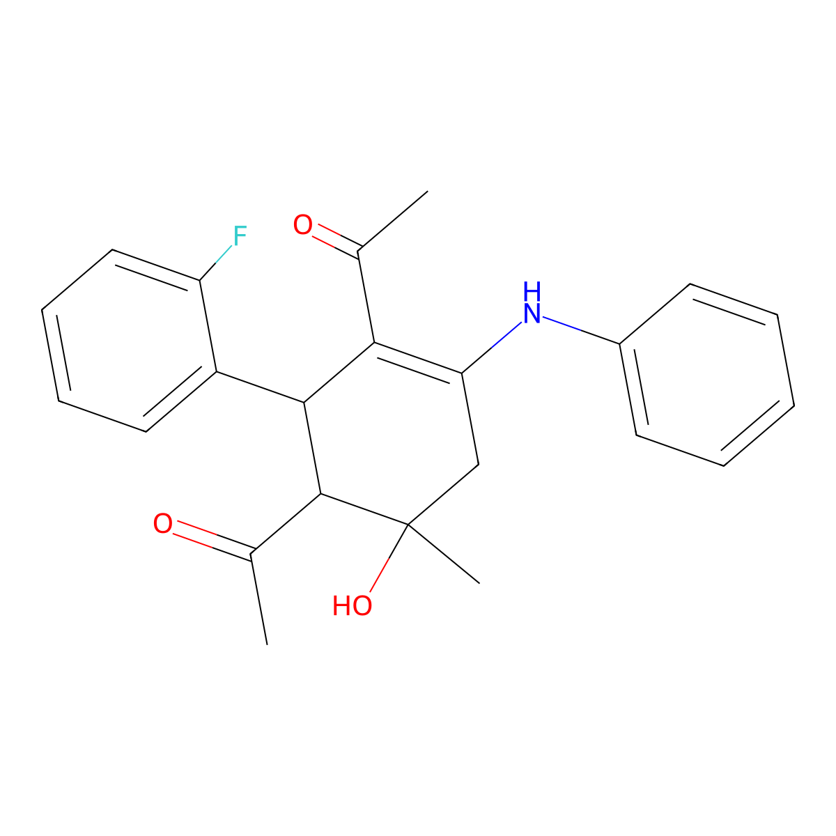 1-[3-Acetyl-4-anilino-2-(2-fluorophenyl)-6-hydroxy-6-methylcyclohex-3-en-1-yl]ethanone molecular structure, CAS 473265-19-9