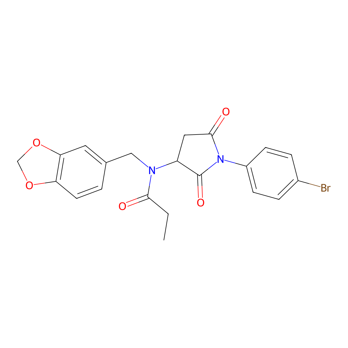 N-(1,3-benzodioxol-5-ylmethyl)-N-[1-(4-bromophenyl)-2,5-dioxopyrrolidin-3-yl]propanamide molecular structure, CAS 473266-79-4