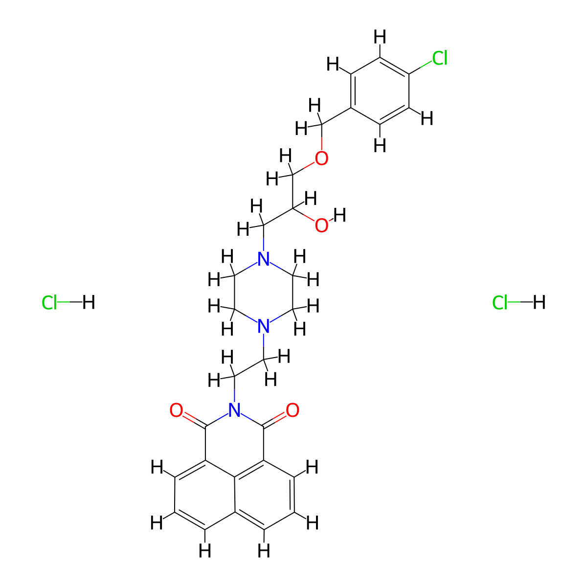 3-[2-(4-{3-[(4-Chlorophenyl)methoxy]-2-hydroxypropyl}piperazin-1-yl)ethyl]-3-azatricyclo[7.3.1.0^{5,13}]trideca-1(12),5,7,9(13),10-pentaene-2,4-dione dihydrochloride molecular structure, CAS 473267-94-6