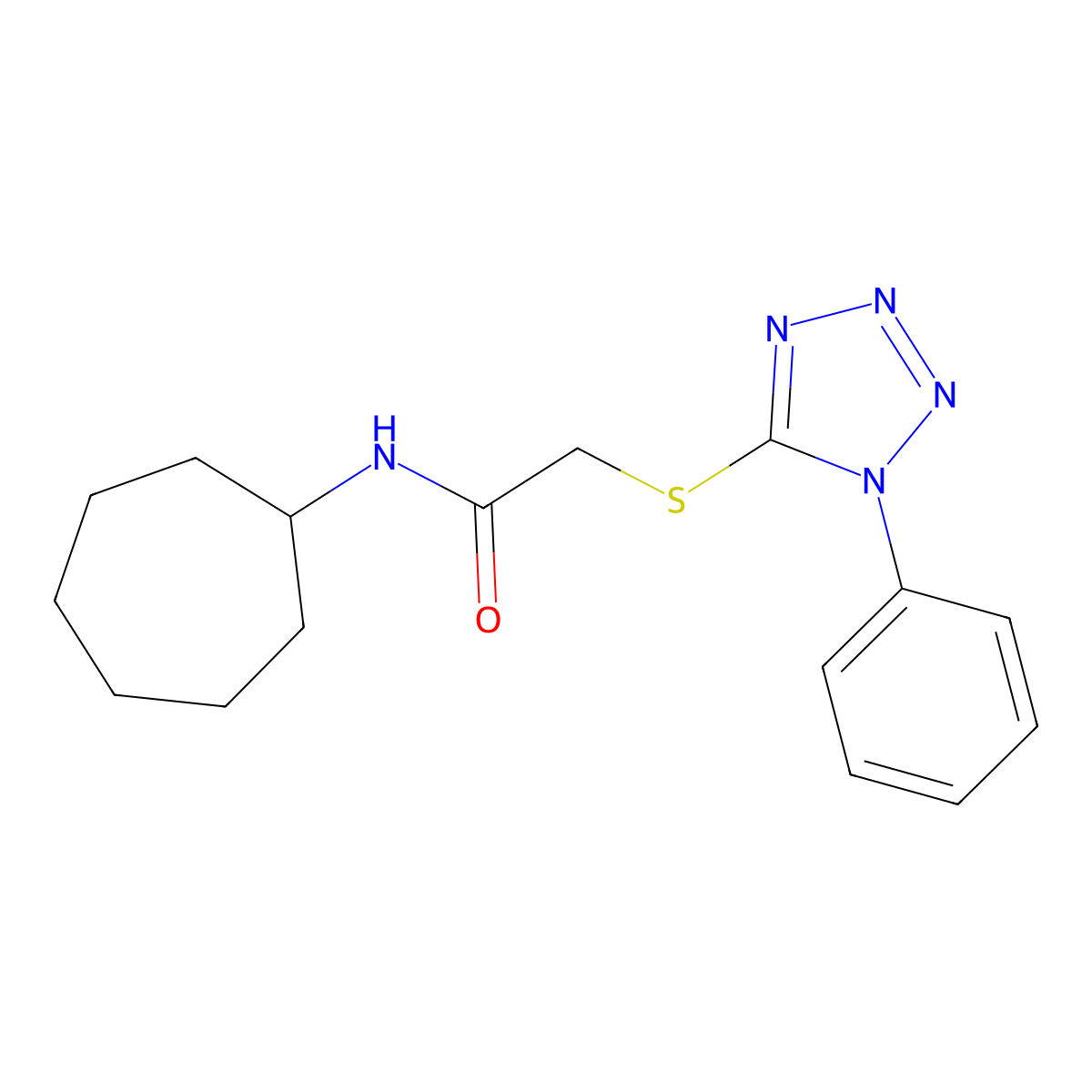N-cycloheptyl-2-(1-phenyltetrazol-5-yl)sulfanylacetamide molecular structure, CAS 473420-98-3