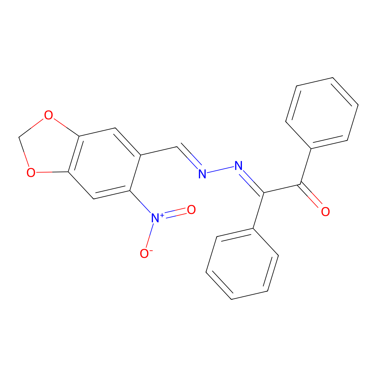 (2E)-2-[(E)-(6-nitro-1,3-benzodioxol-5-yl)methylidenehydrazinylidene]-1,2-diphenylethanone molecular structure, CAS 473421-52-2