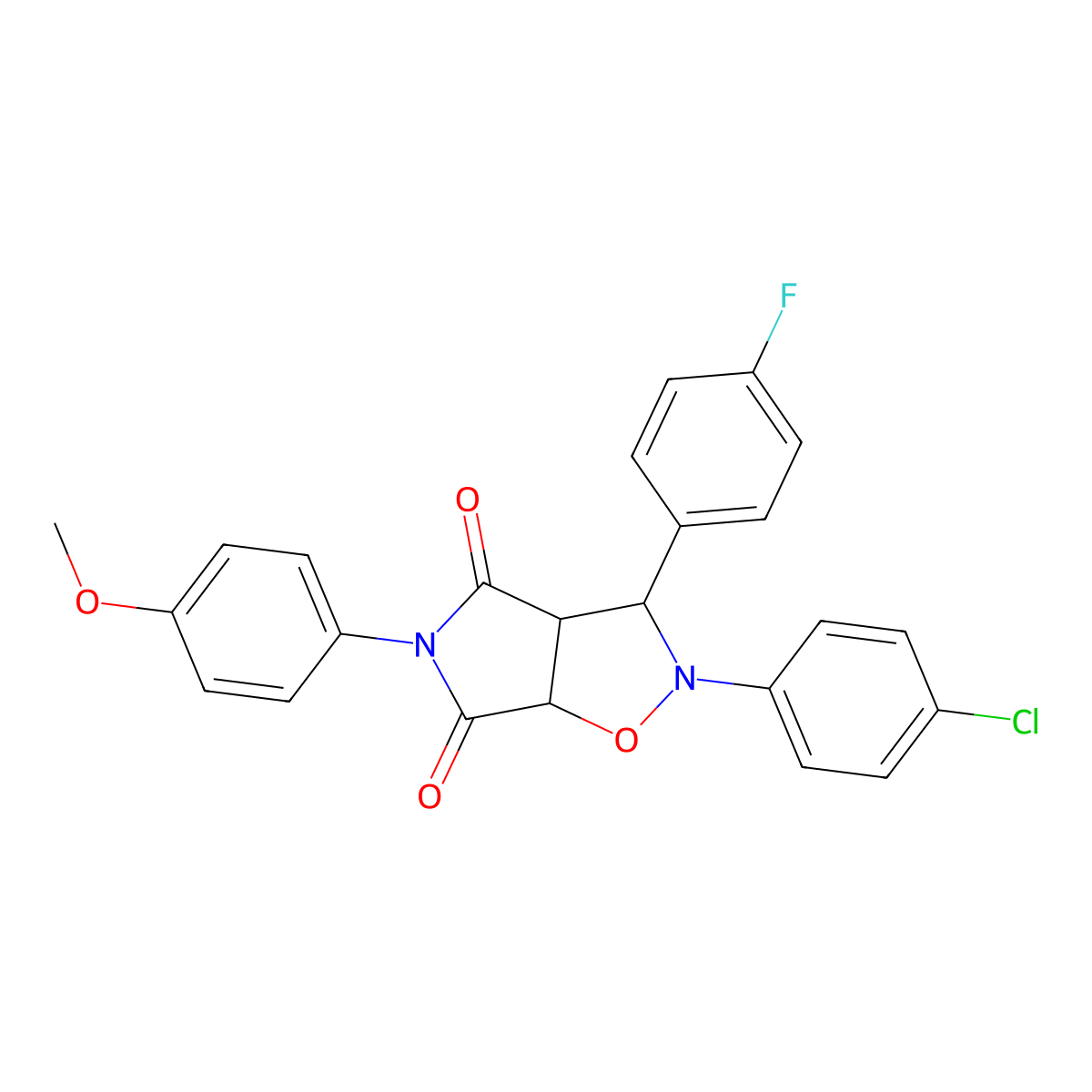 2-(4-chlorophenyl)-3-(4-fluorophenyl)-5-(4-methoxyphenyl)dihydro-2H-pyrrolo[3,4-d]isoxazole-4,6(5H,6aH)-dione molecular structure, CAS 473444-86-9