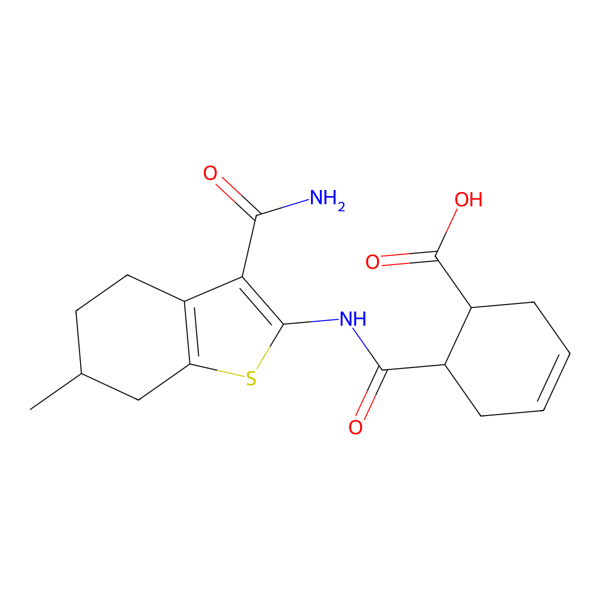 6-[(3-Carbamoyl-6-methyl-4,5,6,7-tetrahydro-1-benzothiophen-2-yl)carbamoyl]cyclohex-3-ene-1-carboxylic acid molecular structure, CAS 473445-25-9