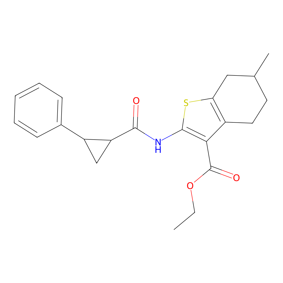 Ethyl 6-methyl-2-{[(2-phenylcyclopropyl)carbonyl]amino}-4,5,6,7-tetrahydro-1-benzothiophene-3-carboxylate molecular structure, CAS 473445-32-8