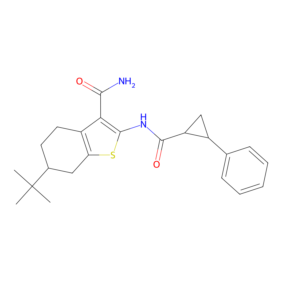 6-Tert-butyl-2-[(2-phenylcyclopropanecarbonyl)amino]-4,5,6,7-tetrahydro-1-benzothiophene-3-carboxamide molecular structure, CAS 473445-60-2