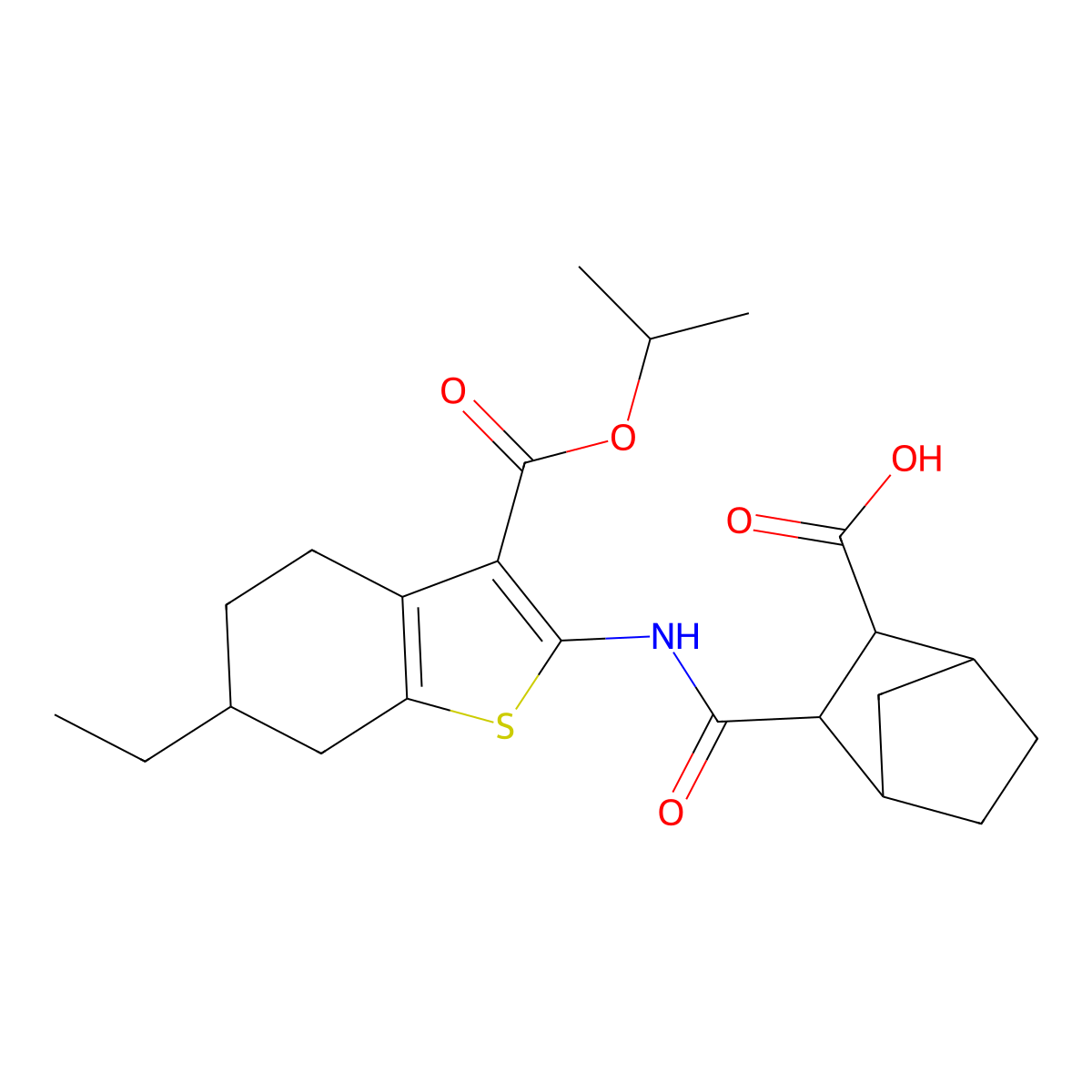 2-[(6-Ethyl-3-propan-2-yloxycarbonyl-4,5,6,7-tetrahydro-1-benzothiophen-2-yl)carbamoyl]bicyclo[2.2.1]heptane-3-carboxylic acid molecular structure, CAS 473446-69-4