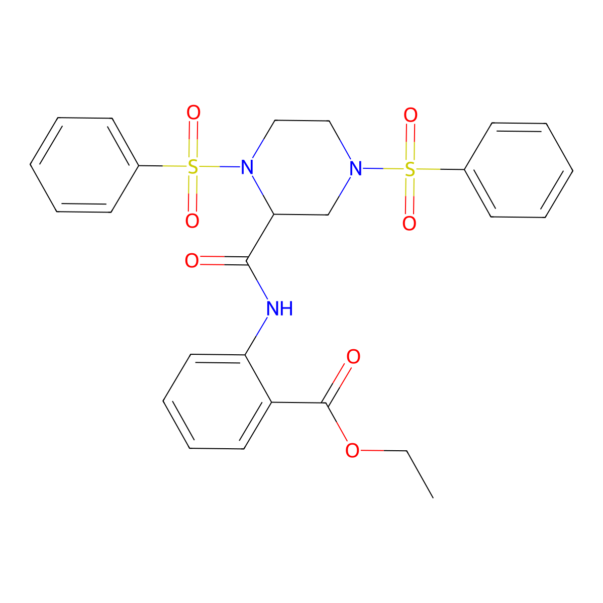 Ethyl 2-({[1,4-bis(phenylsulfonyl)-2-piperazinyl]carbonyl}amino)benzoate molecular structure, CAS 473566-20-0