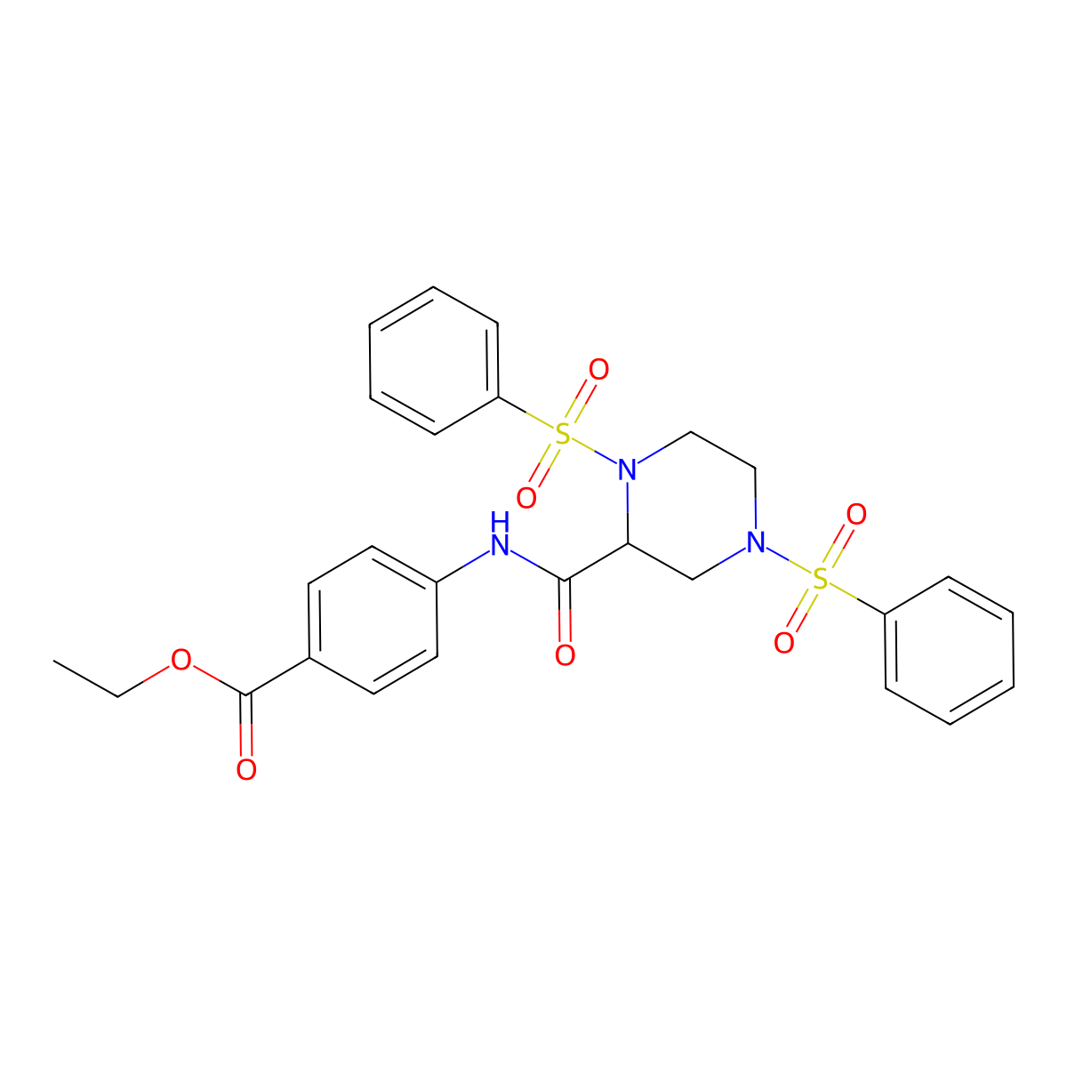 Ethyl 4-({[1,4-bis(phenylsulfonyl)-2-piperazinyl]carbonyl}amino)benzoate molecular structure, CAS 473566-57-3