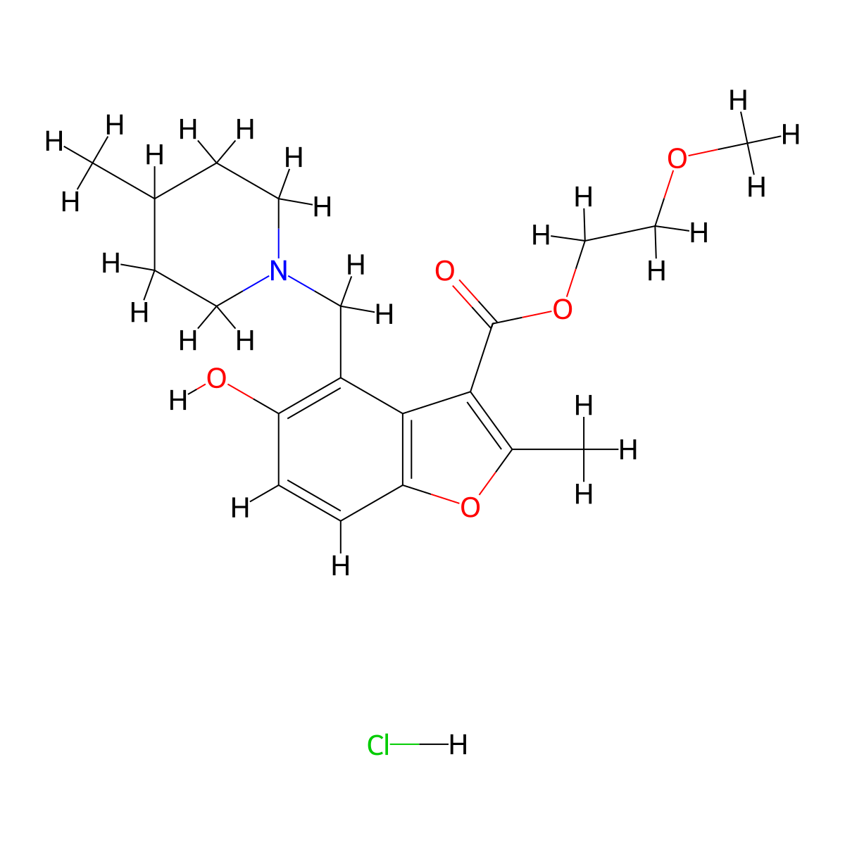 2-Methoxyethyl 5-hydroxy-2-methyl-4-[(4-methylpiperidin-1-yl)methyl]-1-benzofuran-3-carboxylate hydrochloride molecular structure, CAS 473566-90-4