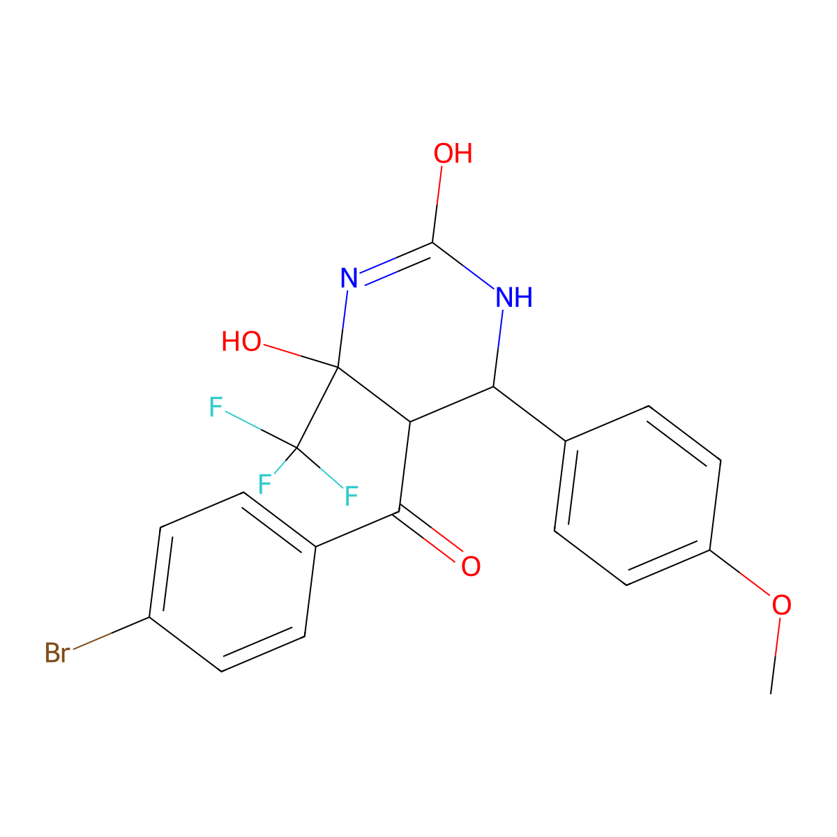 5-(4-bromobenzoyl)-4-hydroxy-6-(4-methoxyphenyl)-4-(trifluoromethyl)tetrahydropyrimidin-2(1H)-one molecular structure, CAS 473566-96-0