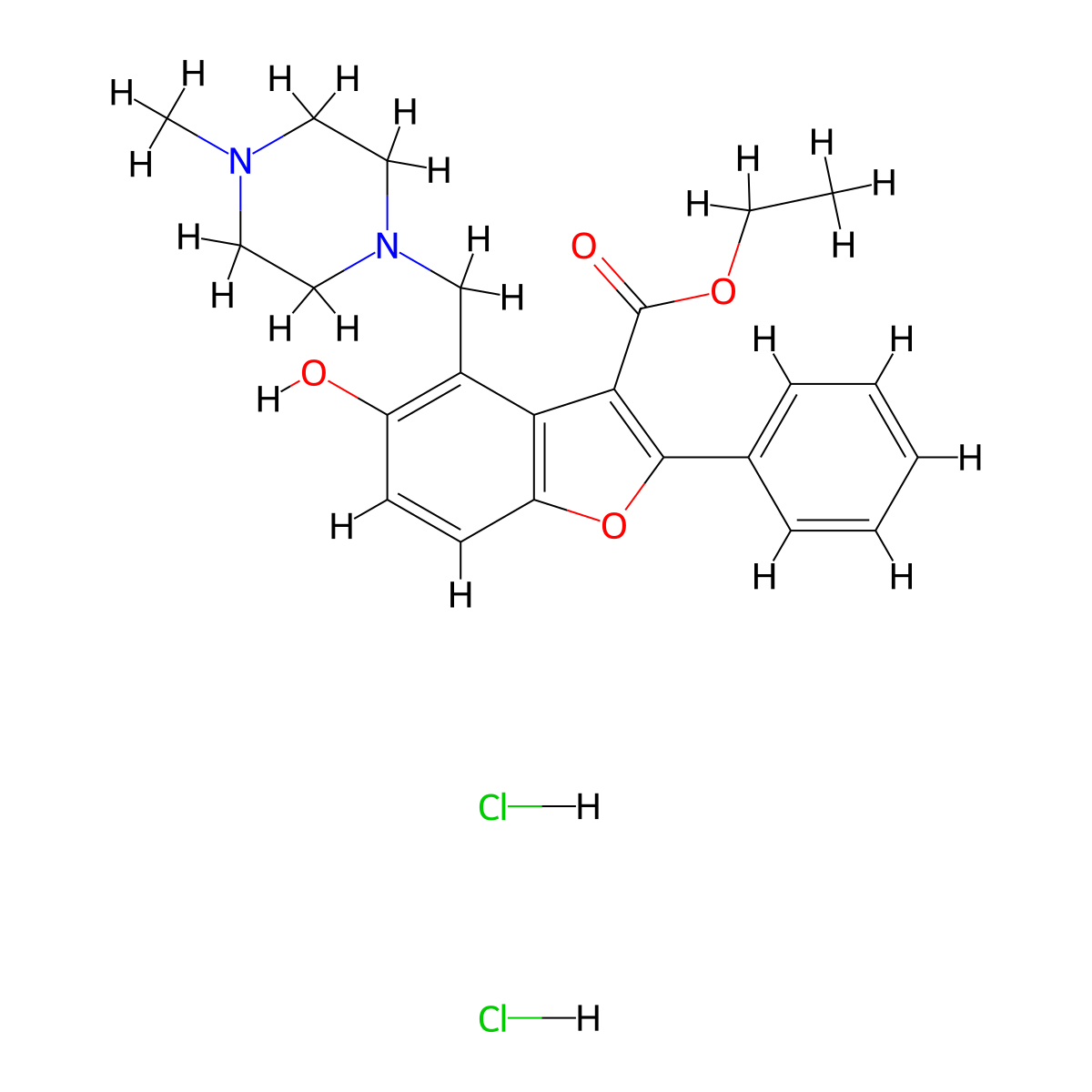 Ethyl 5-hydroxy-4-((4-methylpiperazin-1-yl)methyl)-2-phenylbenzofuran-3-carboxylate dihydrochloride molecular structure, CAS 473567-97-4