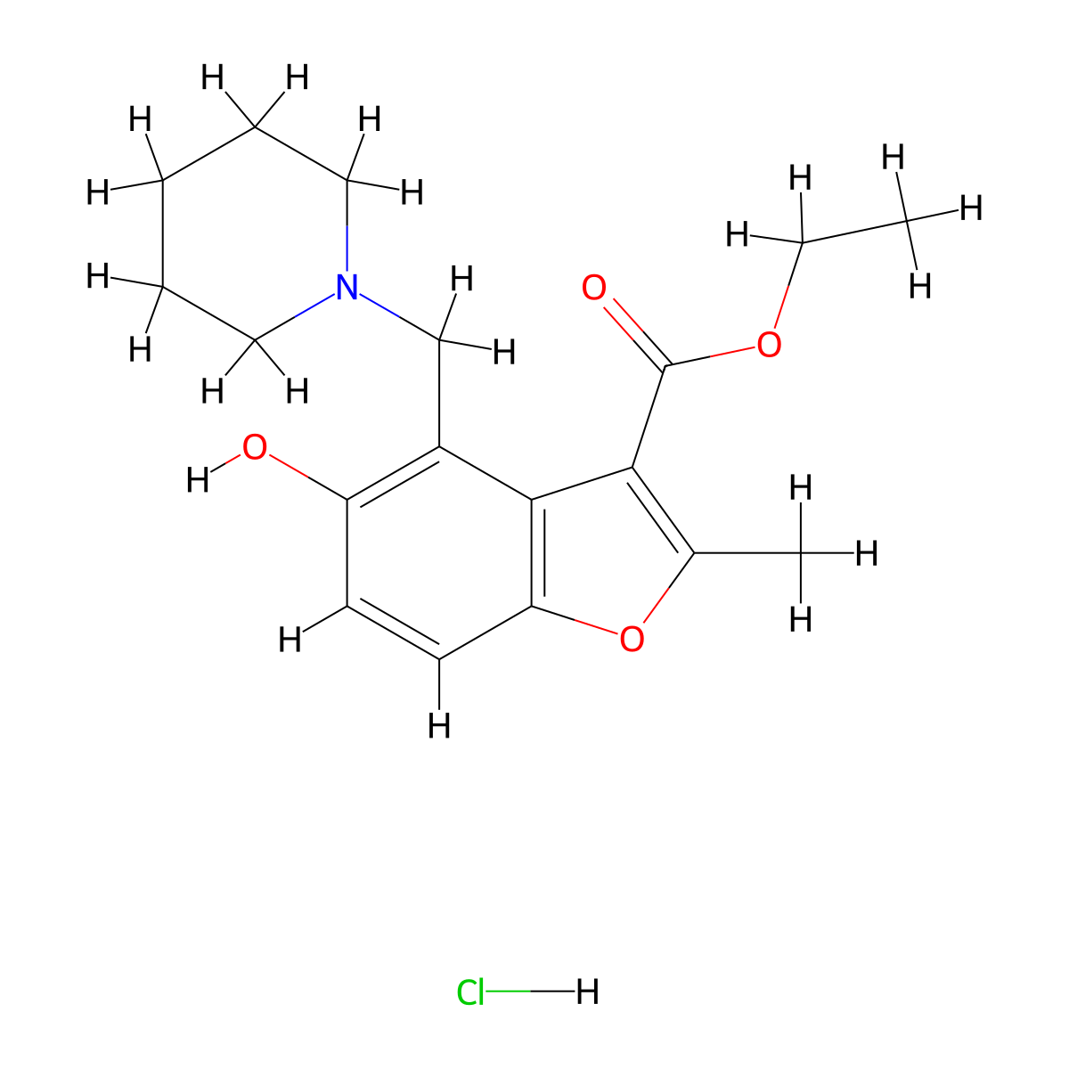 Ethyl 5-hydroxy-2-methyl-4-[(piperidin-1-yl)methyl]-1-benzofuran-3-carboxylate hydrochloride molecular structure, CAS 473568-01-3