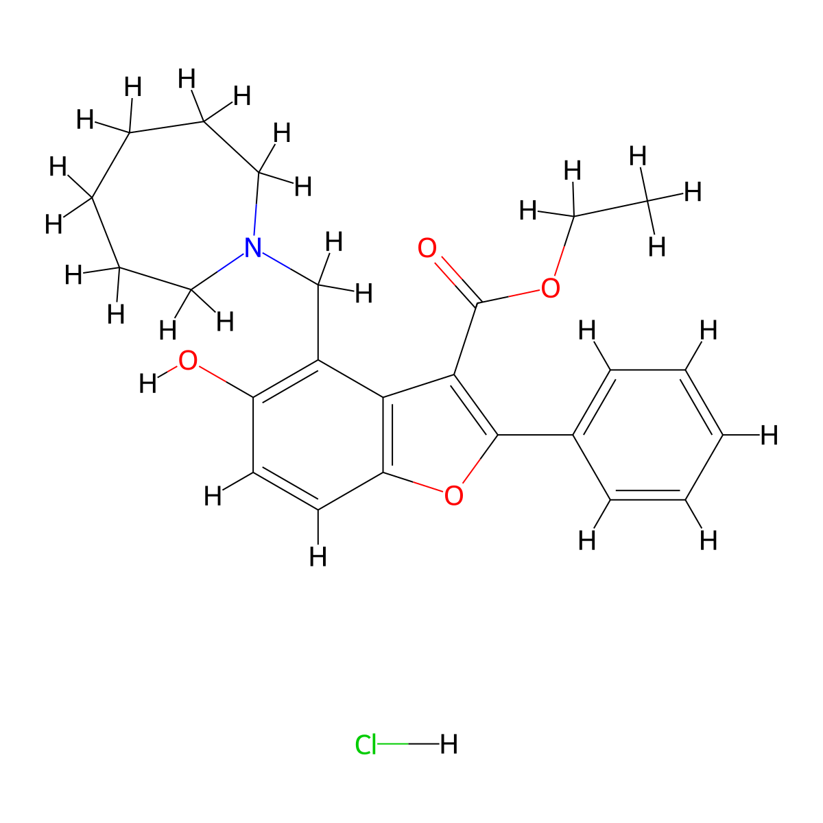 Ethyl 4-(azepan-1-ylmethyl)-5-hydroxy-2-phenylbenzofuran-3-carboxylate hydrochloride molecular structure, CAS 473568-07-9