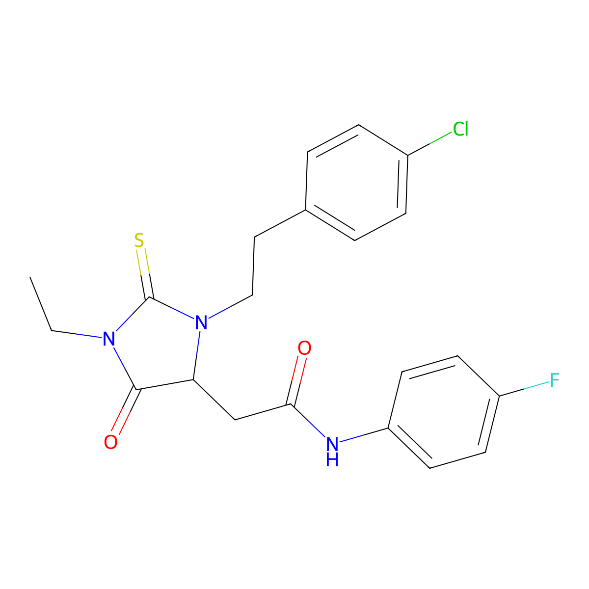 2-{3-[2-(4-chlorophenyl)ethyl]-1-ethyl-5-oxo-2-thioxoimidazolidin-4-yl}-N-(4-fluorophenyl)acetamide molecular structure, CAS 473568-27-3