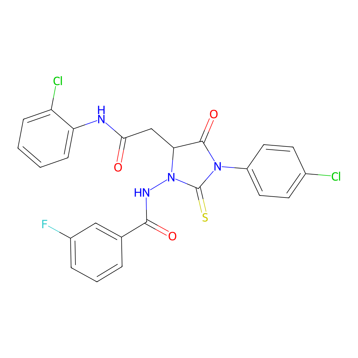 N-[5-[2-(2-chloroanilino)-2-oxoethyl]-3-(4-chlorophenyl)-4-oxo-2-sulfanylideneimidazolidin-1-yl]-3-fluorobenzamide molecular structure, CAS 473568-38-6