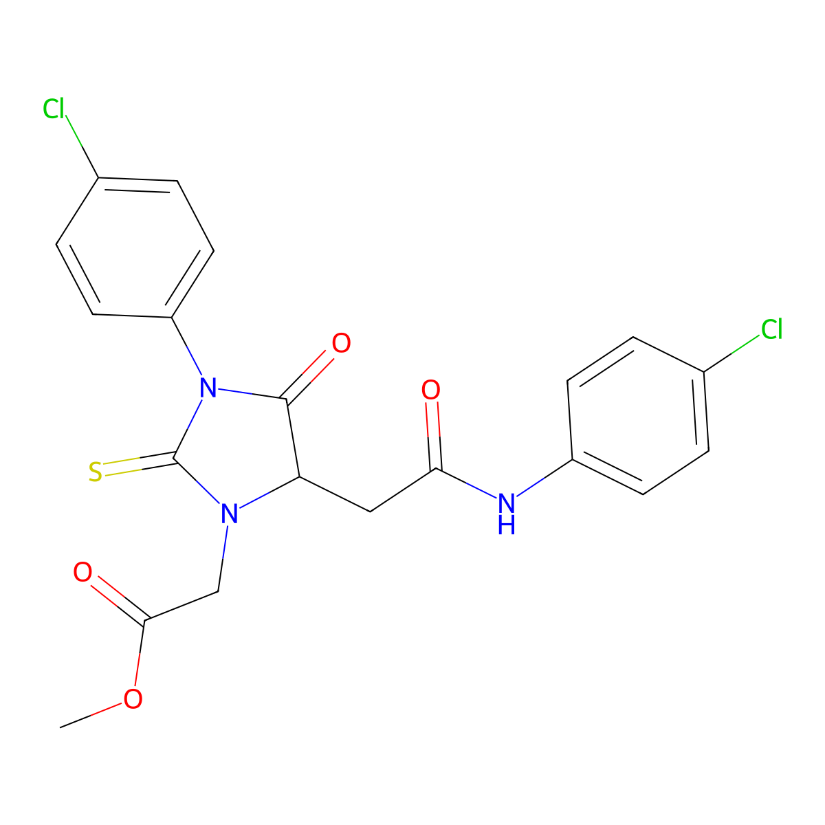Methyl [3-(4-chlorophenyl)-5-{2-[(4-chlorophenyl)amino]-2-oxoethyl}-4-oxo-2-thioxoimidazolidin-1-yl]acetate molecular structure, CAS 473568-50-2