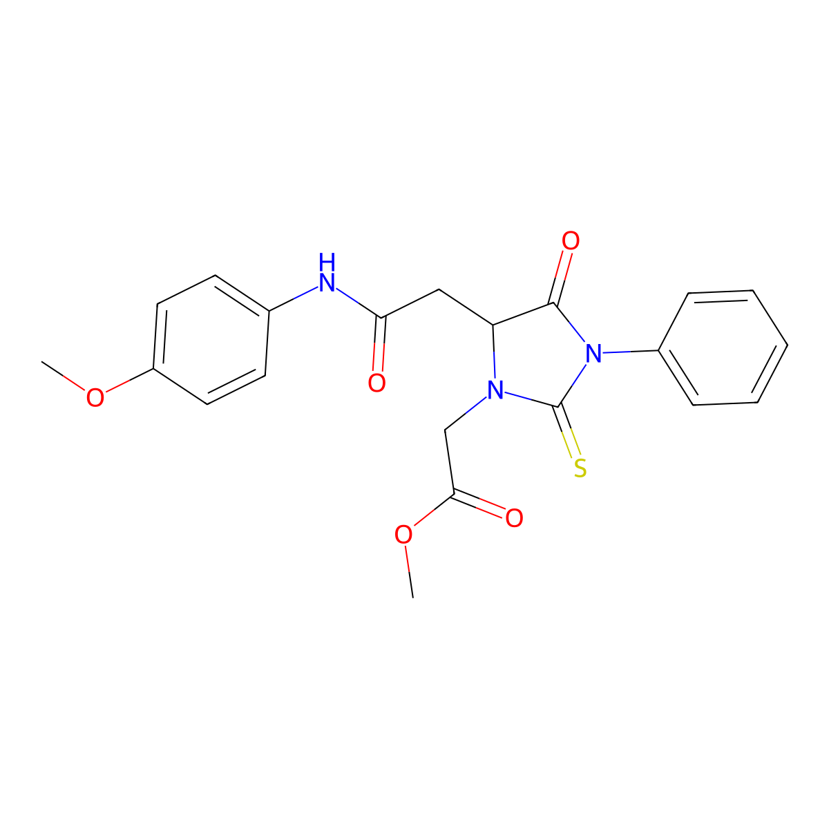 Methyl (5-{2-[(4-methoxyphenyl)amino]-2-oxoethyl}-4-oxo-3-phenyl-2-thioxoimidazolidin-1-yl)acetate molecular structure, CAS 473568-54-6