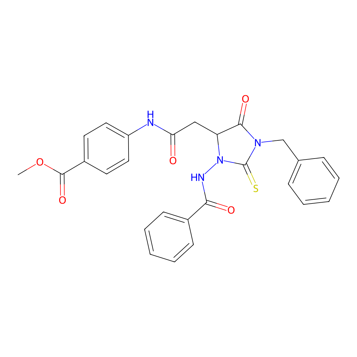 Methyl 4-[({1-benzyl-5-oxo-3-[(phenylcarbonyl)amino]-2-thioxoimidazolidin-4-yl}acetyl)amino]benzoate molecular structure, CAS 473568-85-3