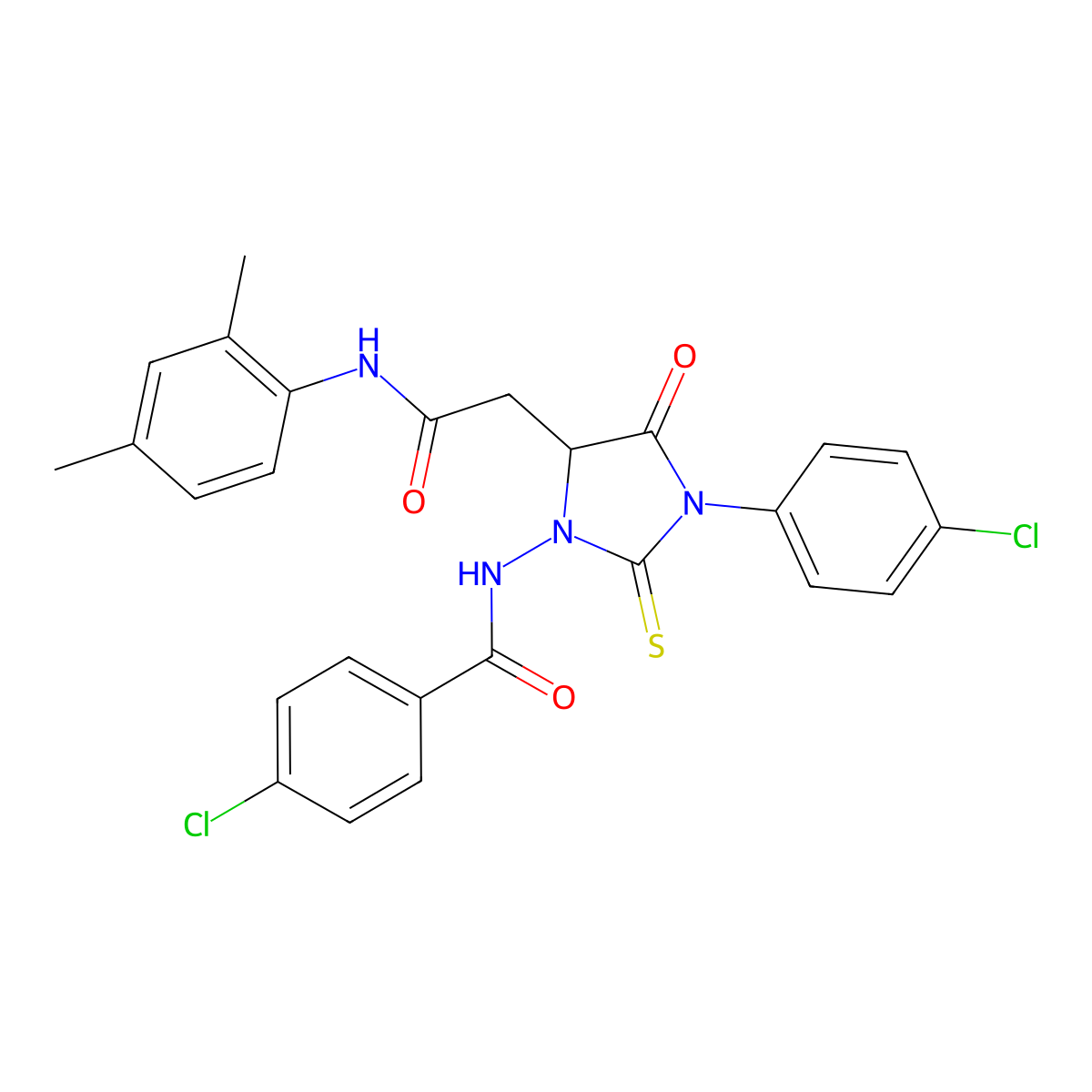4-chloro-N-[3-(4-chlorophenyl)-5-[2-(2,4-dimethylanilino)-2-oxoethyl]-4-oxo-2-sulfanylideneimidazolidin-1-yl]benzamide molecular structure, CAS 473568-89-7