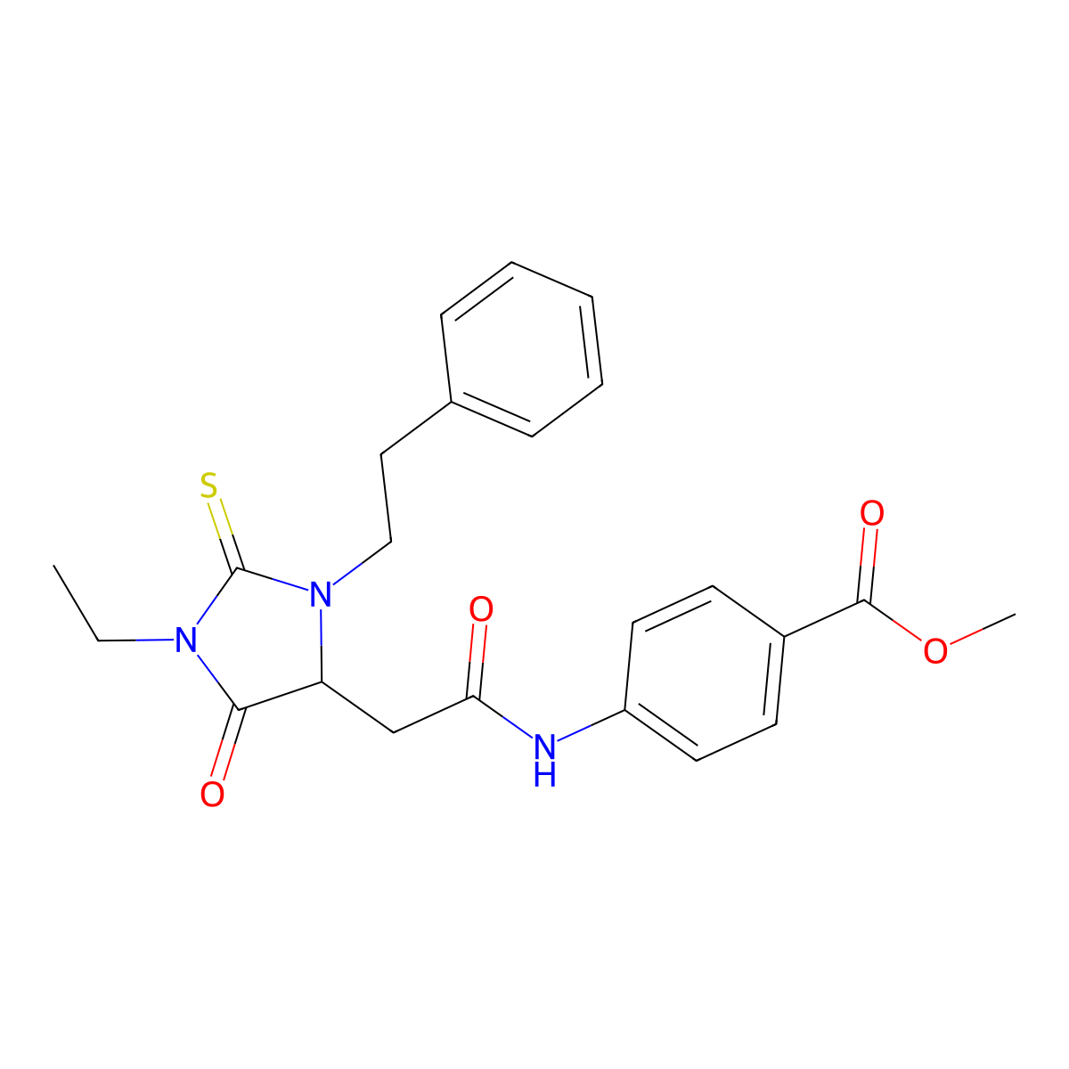 Methyl 4-({[1-ethyl-5-oxo-3-(2-phenylethyl)-2-thioxoimidazolidin-4-yl]acetyl}amino)benzoate molecular structure, CAS 473573-89-6