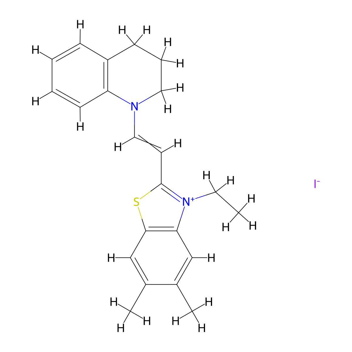 2-[2-(3,4-dihydro-2H-quinolin-1-yl)ethenyl]-3-ethyl-5,6-dimethyl-1,3-benzothiazol-3-ium iodide molecular structure, CAS 473576-81-7