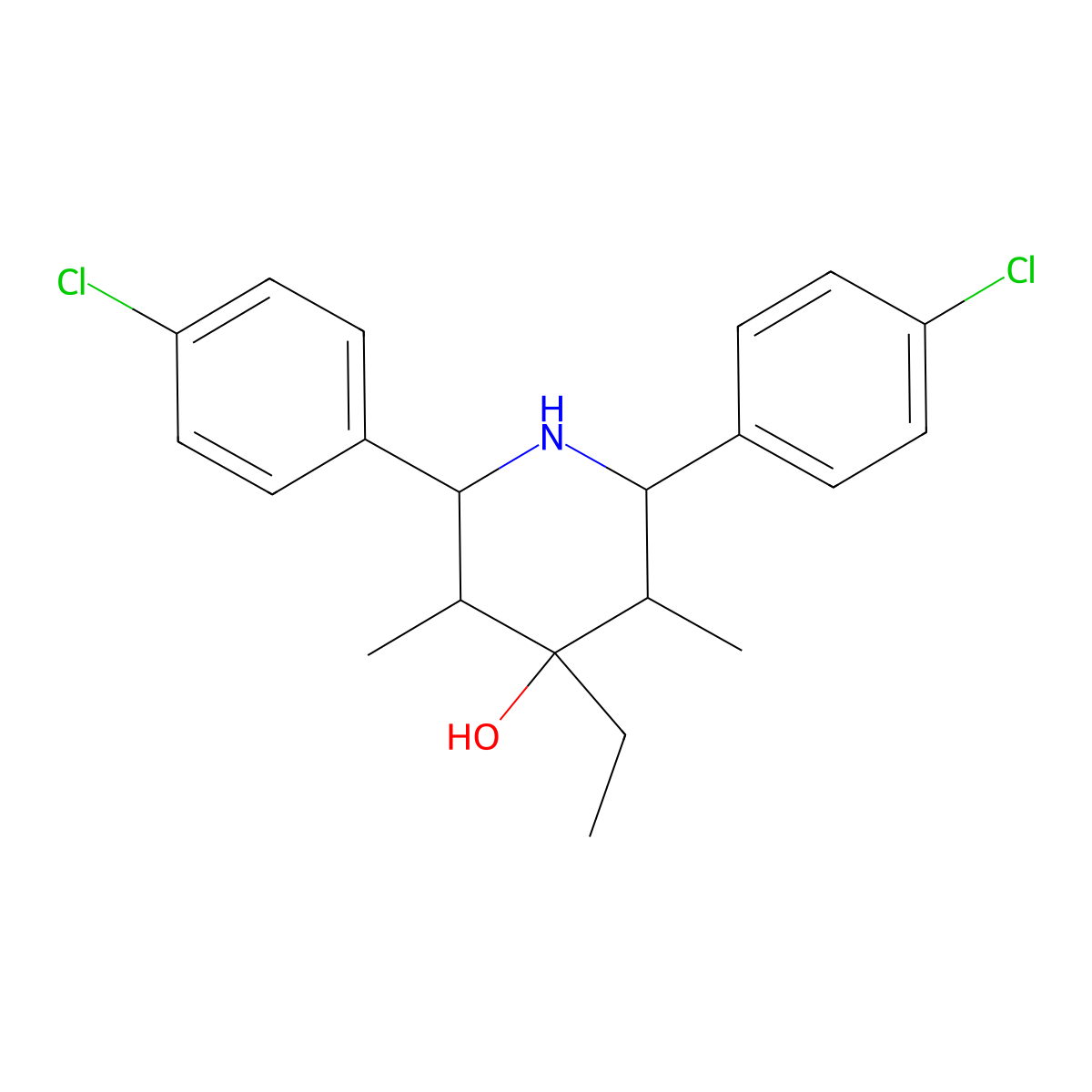 2,6-Bis(4-chlorophenyl)-4-ethyl-3,5-dimethylpiperidin-4-ol molecular structure, CAS 473576-86-2