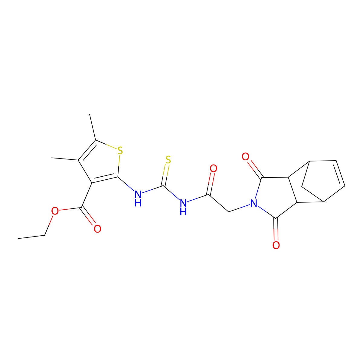 ethyl 2-(3-(2-(1,3-dioxo-3a,4,7,7a-tetrahydro-1H-4,7-methanoisoindol-2(3H)-yl)acetyl)thioureido)-4,5-dimethylthiophene-3-carboxylate molecular structure, CAS 473705-11-2