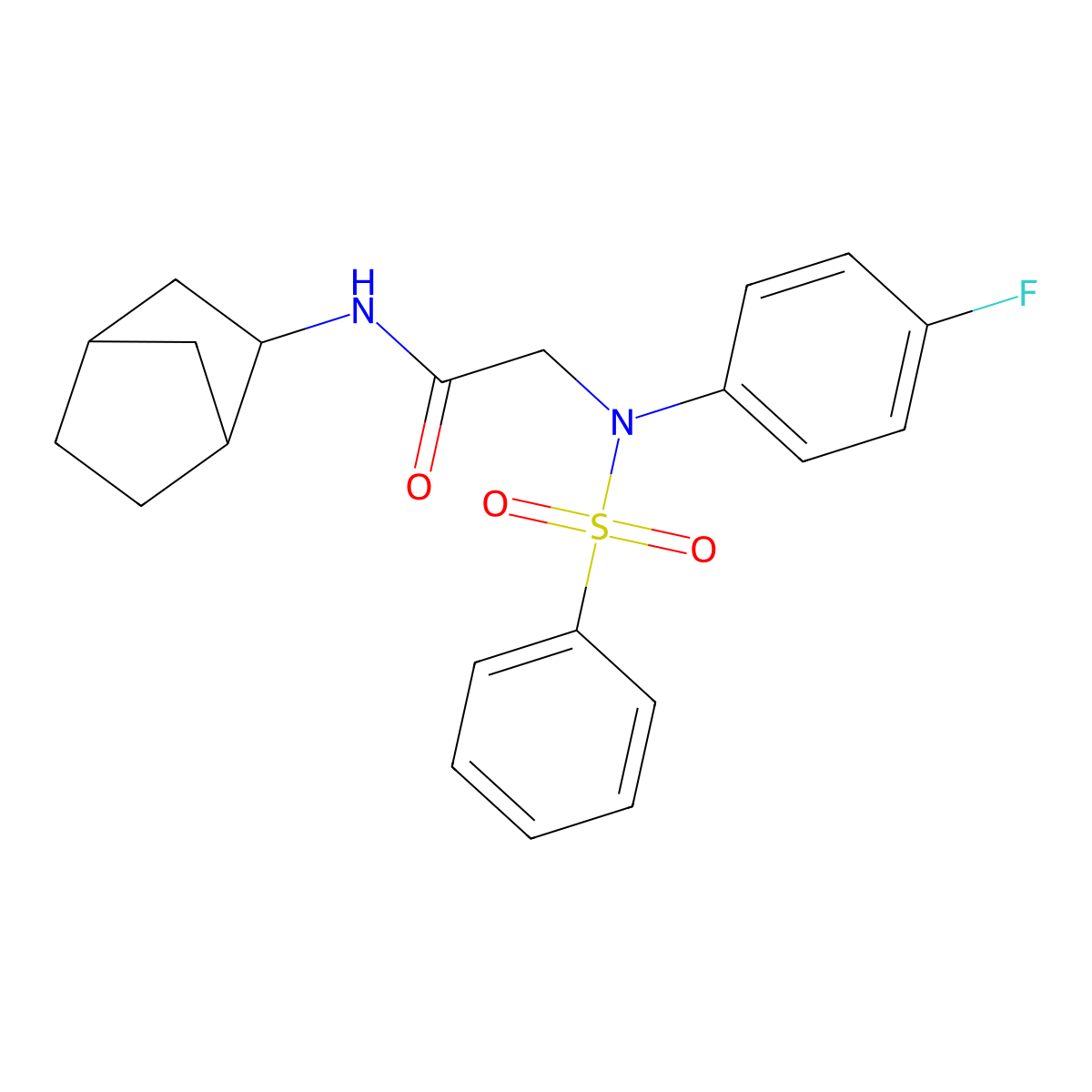 2-[N-(benzenesulfonyl)-4-fluoroanilino]-N-(3-bicyclo[2.2.1]heptanyl)acetamide molecular structure, CAS 473709-06-7