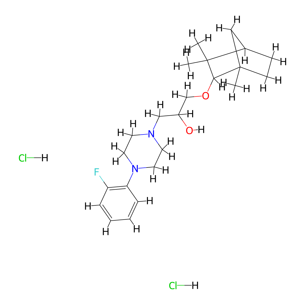 1-(4-(2-fluorophenyl)piperazin-1-yl)-3-(((2R)-1,3,3-trimethylbicyclo[2.2.1]heptan-2-yl)oxy)propan-2-ol dihydrochloride molecular structure, CAS 473804-13-6