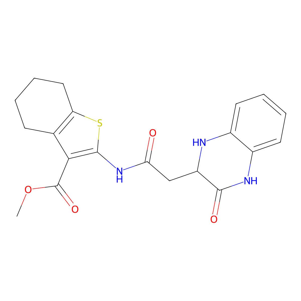 Methyl 2-(2-(3-oxo-1,2,3,4-tetrahydroquinoxalin-2-yl)acetamido)-4,5,6,7-tetrahydrobenzo[b]thiophene-3-carboxylate molecular structure, CAS 473804-24-9