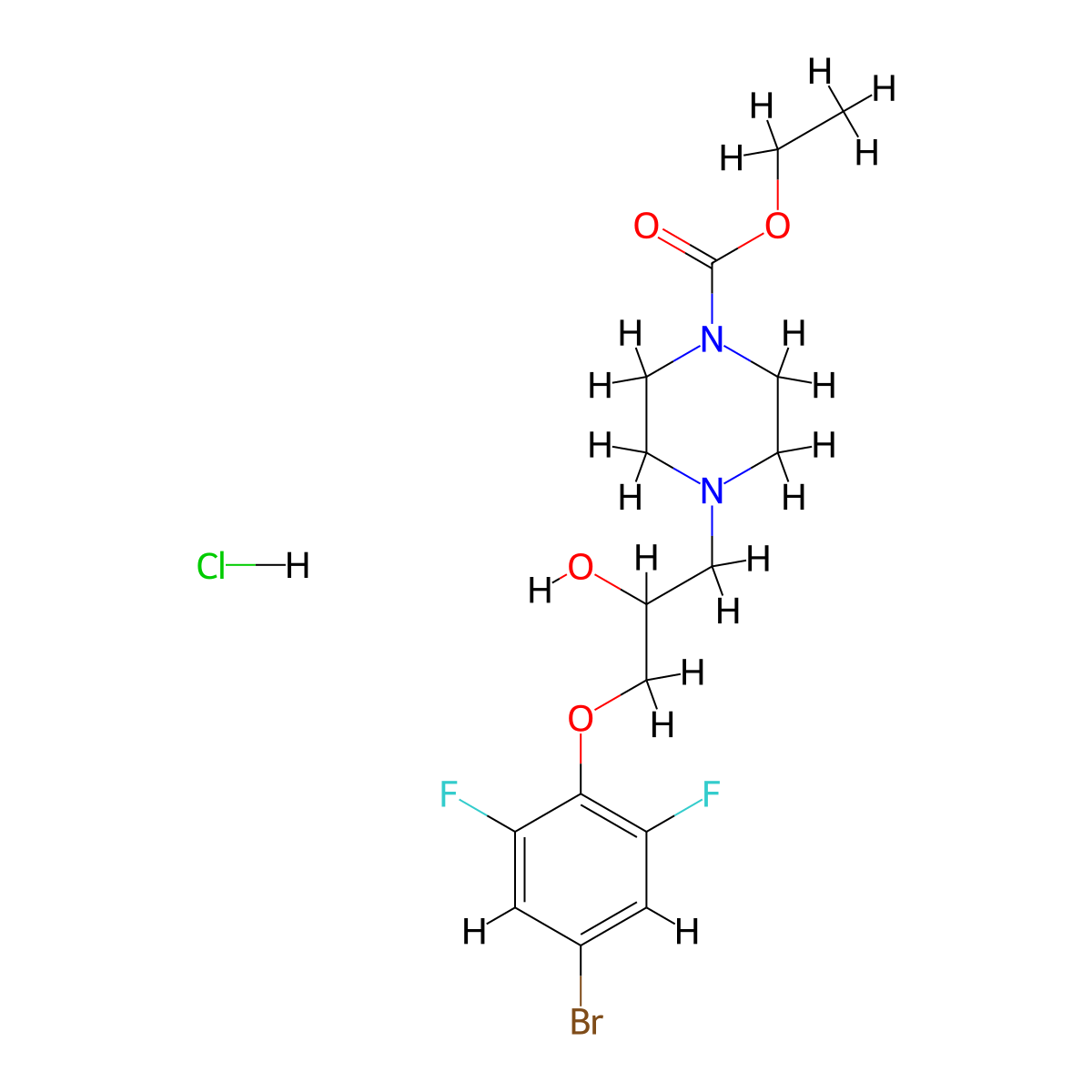 Ethyl 4-(3-(4-bromo-2,6-difluorophenoxy)-2-hydroxypropyl)piperazine-1-carboxylate hydrochloride molecular structure, CAS 473804-56-7