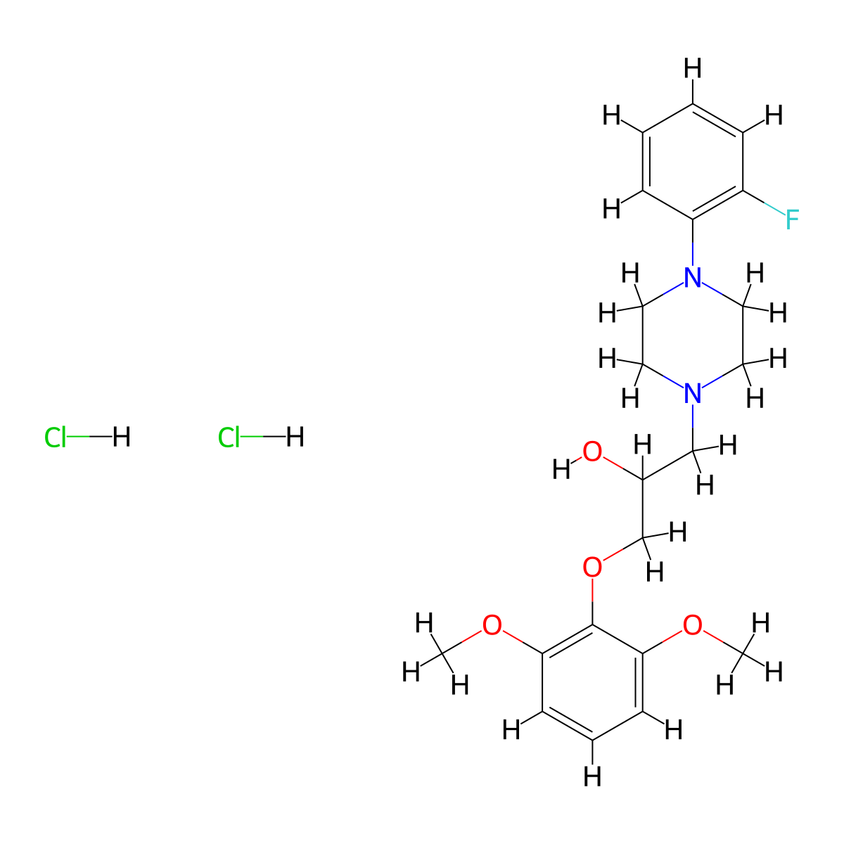 1-(2,6-dimethoxyphenoxy)-3-[4-(2-fluorophenyl)piperazin-1-yl]propan-2-ol Dihydrochloride molecular structure, CAS 473805-22-0