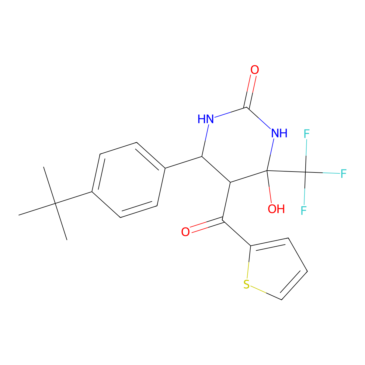 6-(4-(tert-butyl)phenyl)-4-hydroxy-5-(thiophene-2-carbonyl)-4-(trifluoromethyl)tetrahydropyrimidin-2(1H)-one molecular structure, CAS 474006-17-2