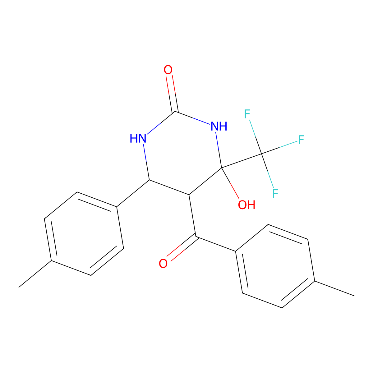 4-Hydroxy-5-(4-methylbenzoyl)-6-(4-methylphenyl)-4-(trifluoromethyl)-1,3-diazinan-2-one molecular structure, CAS 474006-37-6